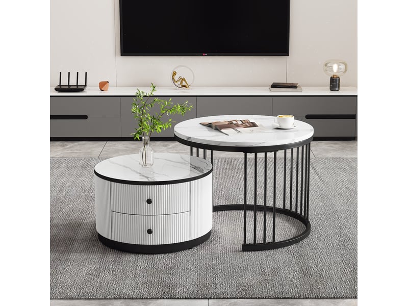  Tables basses gigognes avec 2 tiroirs, plateaux effet marbre brillant, en mdf blanc et noir pour le salon moderne  - Conforama C