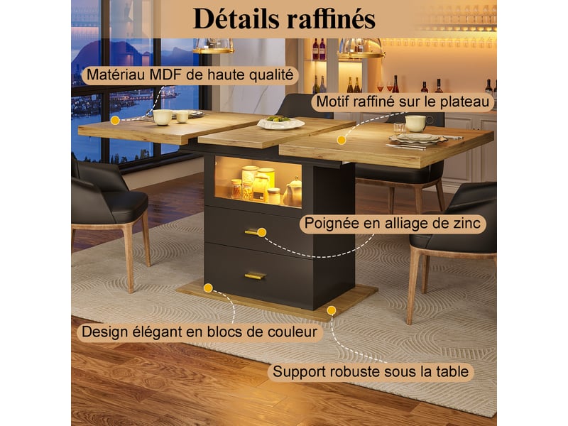 Table à manger extensible 110-140 x 80 x 75 cm, pieds de table avec led intégré, 6 personnes pour salles à manger, naturel - Conforama D