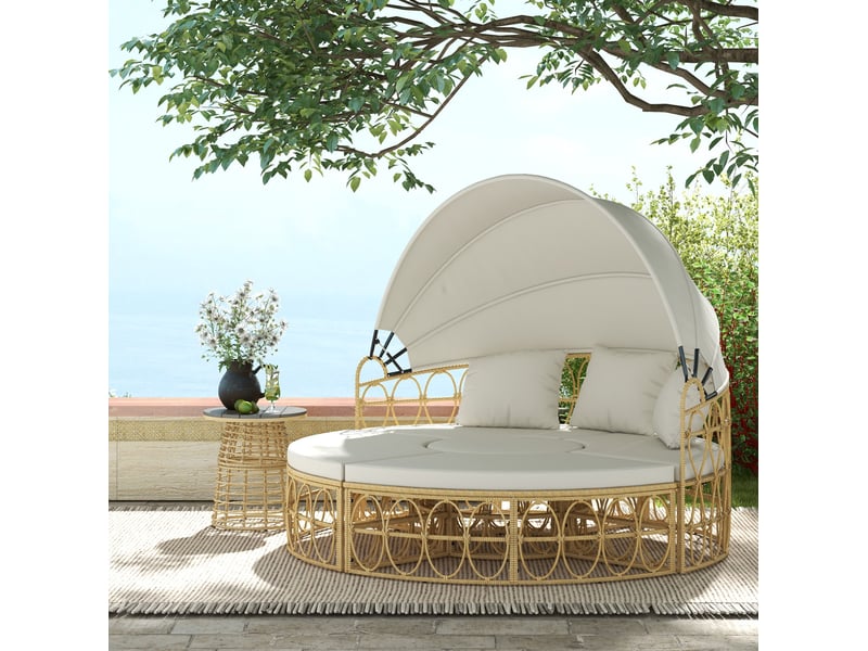 Salon de jardin 4 pièces en rotin blanc, canapé 2 places avec toit rétractable et table basse, pour terrasse  - Conforama B