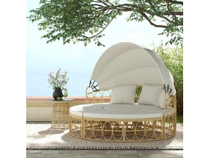 Salon de jardin 4 pièces en rotin blanc, canapé 2 places avec toit rétractable et table basse, pour terrasse