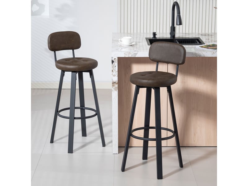  Ensemble de 2 tabourets de bar pivotants pour cuisine, revêtement en polyuréthane, avec dossier, structure en métal et repose-pieds, marron foncé  - Conforama C