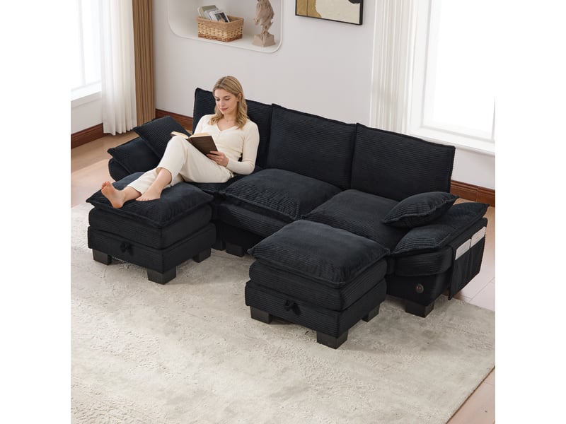  Canapé d'angle panoramique fixe 3 places tissu noir  - Conforama B