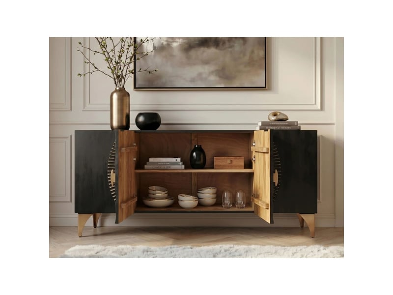  Buffet solaris 177 cm noir et doré en bois massif de manguier – 4 portes sculptées motif solaire  - Conforama E