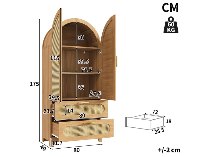  Buffet et enfilade avec 4 portes et 4 tiroirs, façades effet rotin, pour salle à manger, en mdf et métal, naturel  - Conforama C