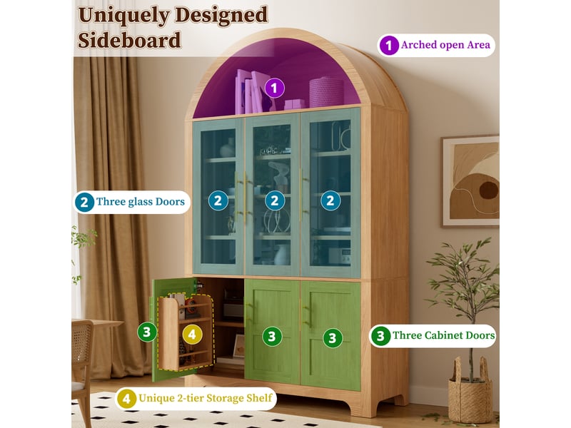  Buffet haut 110x40x185 cm avec vitrine 3 portes vitrées, niche arche, rangement fermé et étagères réglables - narutel  - Conforama E