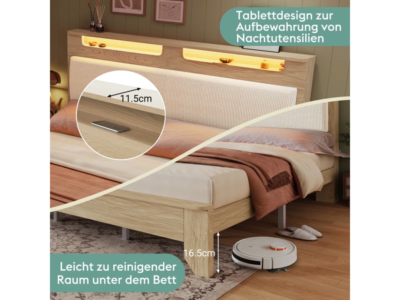 Lit 2 personnes 160x200cm avec led, tête de lit avec rangement et dossier en velours, couleur chêne clair, lit avec matelas - Conforama E