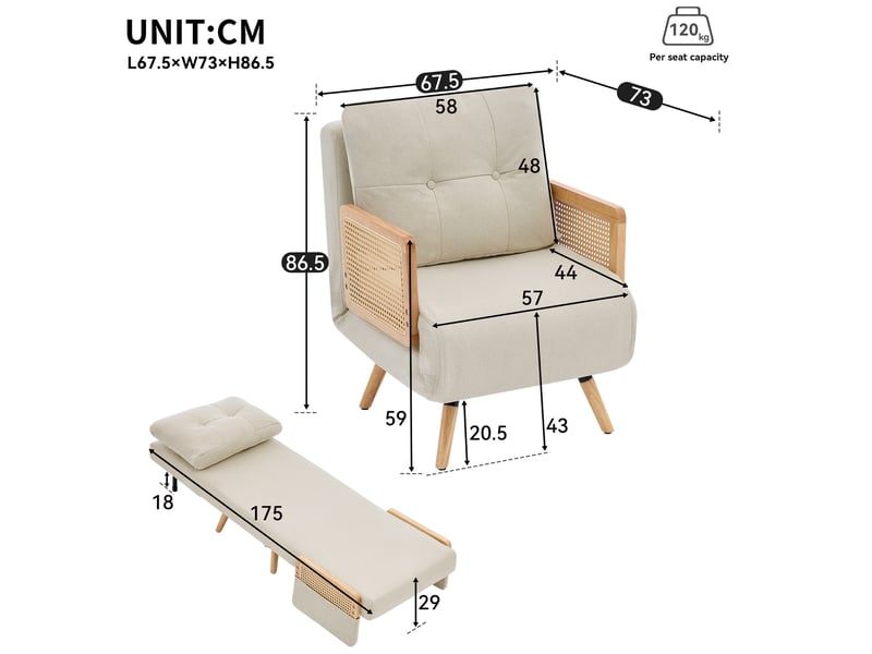 Fauteuil convertible avec dossier 5 positions et fonction couchage en tissu beige avec accoudoirs en rotin et structure en bois  - Conforama C