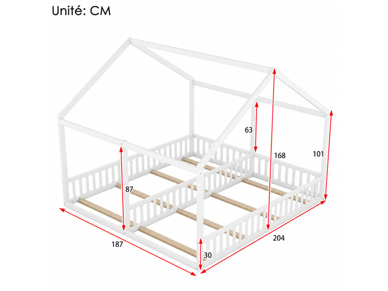  Lit cabane 2 places en pin et mdf avec 2 couchages, barrières et toit, 90x200 cm, matelas non précisé, blanc  - Conforama D