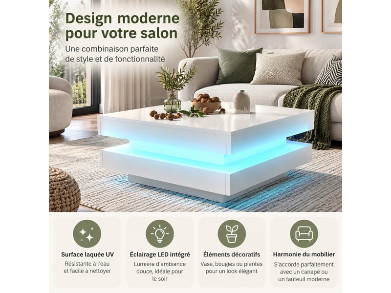  Table basse carrée blanc brillant 70x70x36 cm，avec plateau pivotant 360° et led, style moderne  - Conforama B