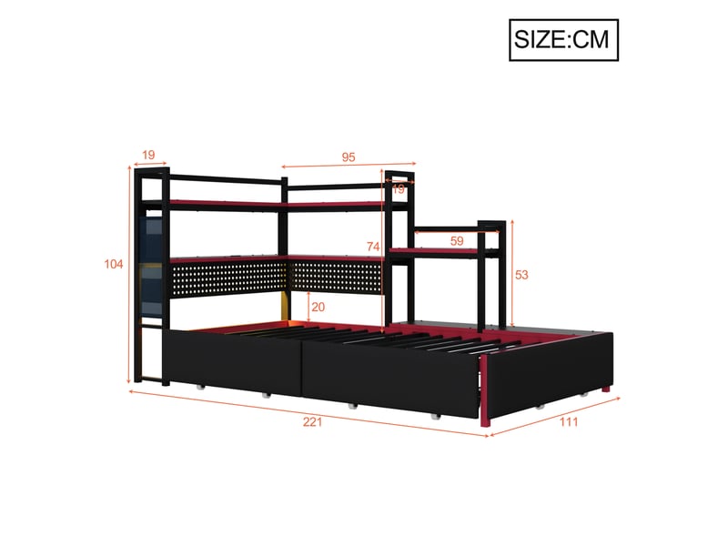  Lit en métal 90x200 cm avec 3 tiroirs, éclairage led, ports usb lit coffre avec panneau perforé et étagères latérales, métal, noir BUYDEEMEUS - Conforama C