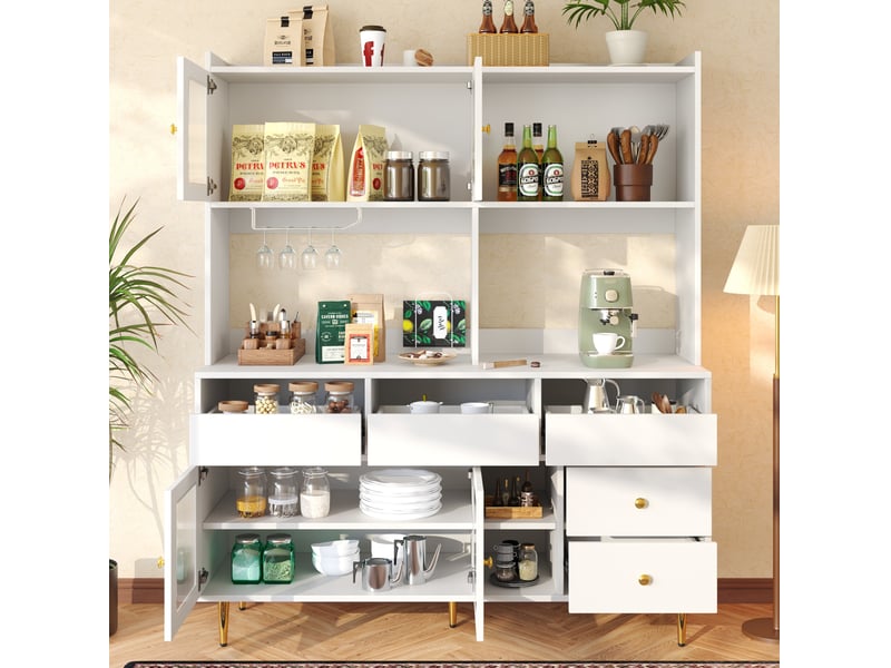  Buffet haut 145 x 39 x 171 cm en mdf, portes en verre strié, blanc et doré  - Conforama D
