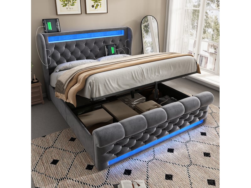  Lit coffre 140x190 cm en velours gris avec led, usb et ports type-c intégrés  - Conforama B