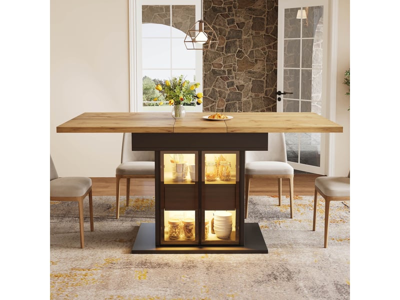  Table à manger extensible led 110-140 cm, 2 tiroirs, portes vitrées coulissantes, rangement intégré, noir et naturel Sol Morn - Conforama D