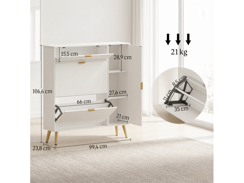  Meuble à chaussures avec 2 compartiments basculants, rangement supérieur et 3 étagères latérales réglables blanc  - Conforama C