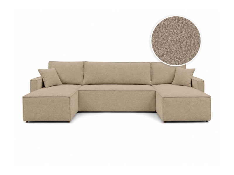  Farah - canapé d'angle panoramique convertible 6 places accoudoirs slim en tissu bouclettes généreuses  - Conforama A
