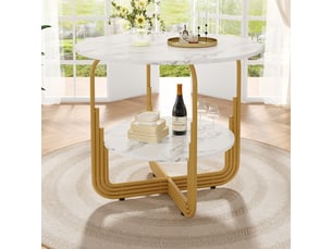 Table à manger ronde ø80 cm avec rangement central, effet marbre, idéale 4 personnes