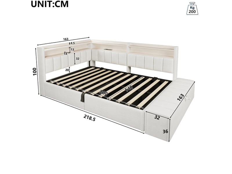 Lit coffre hydraulique 140x200 cm avec led, usb-a et usb-c, banc coffre et tête réversible, tissu lin beige, sans matelas - Conforama C