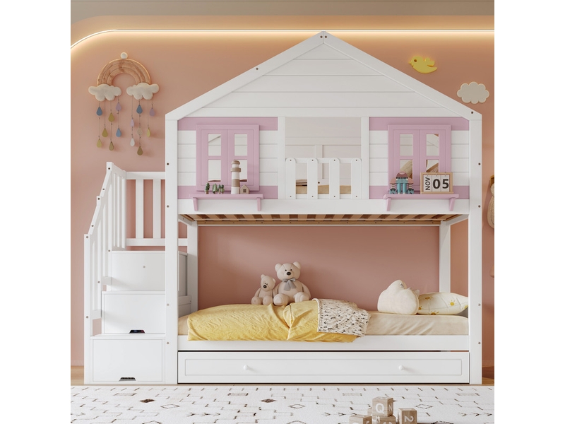 Lit superposé enfant 90x200 cm - avec lit gigogne - avec escalier de rangement et armoire - bois massif + mdf - blanc (sans matelas)  - Conforama B
