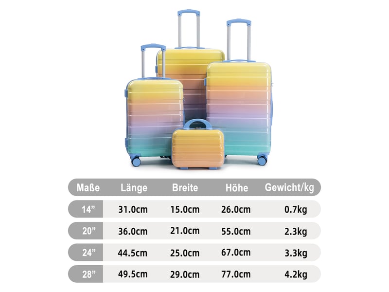  Set de 4 valises rigides,14202428 pouces,avec serrure à combinaison,pc,jaune  - Conforama C