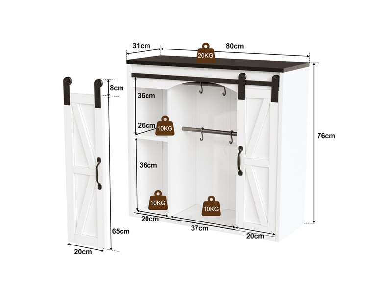  Armoire murale de cuisine avec 2 portes coulissantes et étagères réglables pour rangement, blanche, 80 × 31 × 76 cm  - Conforama C