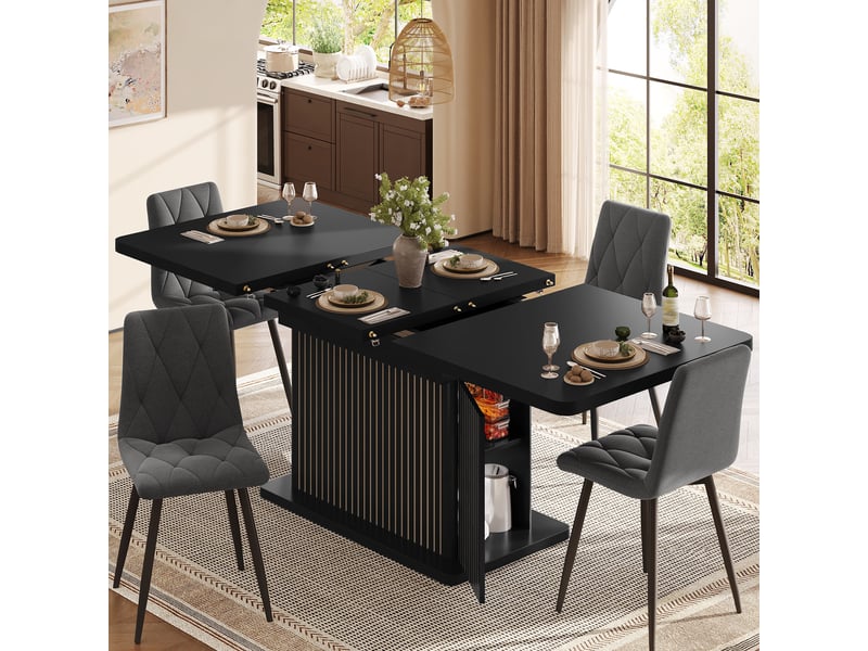  Table à manger extensible 120-160x80x76 cm table à manger 6 personnes rectangulaire moderne avec rangement caché, noir  - Conforama R