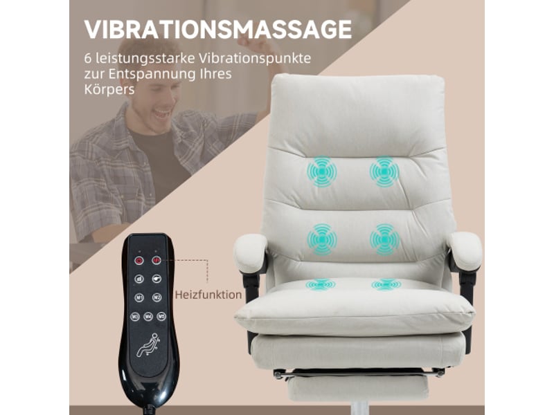 Chaise de bureau massante, inclinable à 135°, similicuir crème, réglable, 120 kg, 65x72x109-117 cm - Conforama B