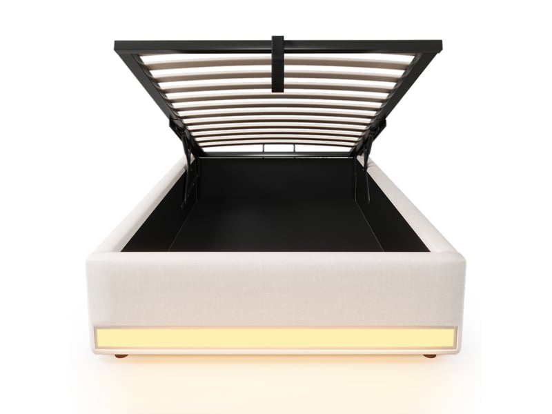 Sommier coffre rembourré 90x200 cm led multicolore usb type‑c coffre design moderne poches latérales lin beige sans matelas - Conforama R