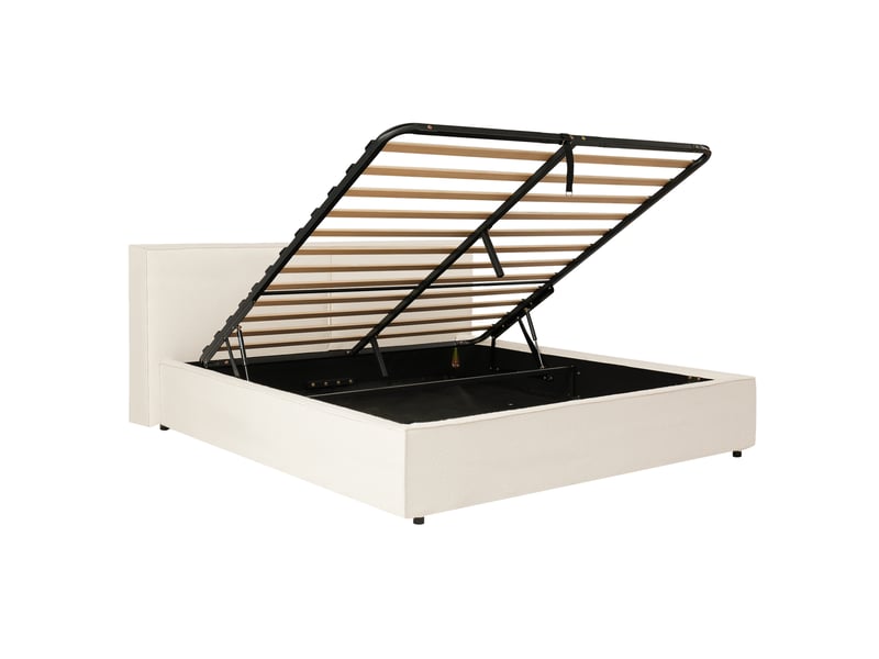 Lit double 180×200 cm avec rangement hydraulique, tête de lit rembourrée, bouclé blanc - Conforama E