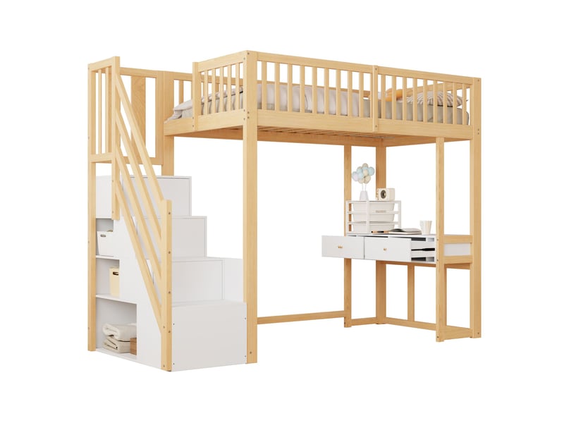  Lit mezzanine blanc et chêne clair 90x200cm avec escalier rangement, structure robuste, pratique - bois massif - pour enfant ado  - Conforama A