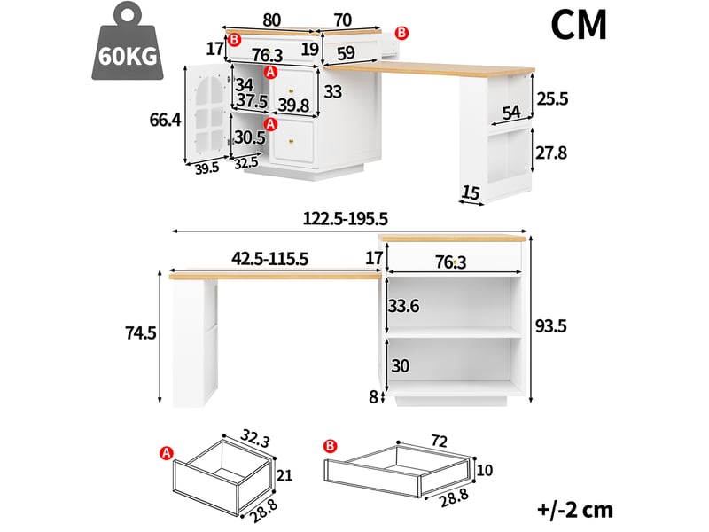  Îlot de cuisine extensible 195,5x59x93,5 cm avec tiroirs, bande led rgb, mdf, blanc  - Conforama C