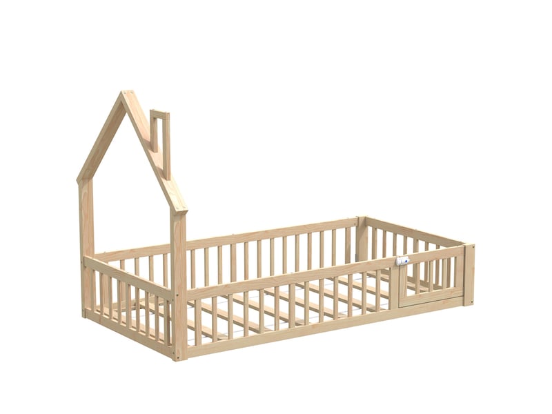 Lit cabane enfant 90 x 200 cm - lit avec sommier à lattes - bois massif - garde-corps sécurité - design cheminée - naturel - Conforama E