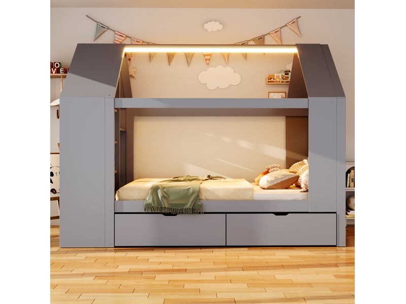  Lit enfant 90x200 cm avec rangement et led bois mdf gris sans matelas  - Conforama D