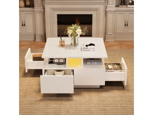 Table basse avec 4 tiroirs et led, structure 3 niveaux, finition brillante, pour salon, en panneau de particules, 70 × 70 × 40 cm, blanc - uvrion