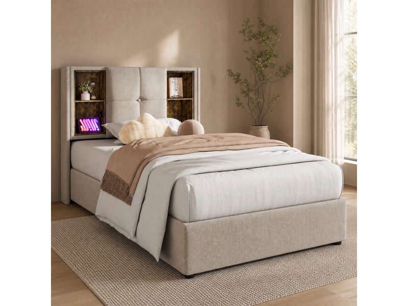  Lit coffre 90x200 cm en lin, lit simple avec recharge sans fil, 2 ports usb, port type-c et rangements, sans matelas  - Conforama B