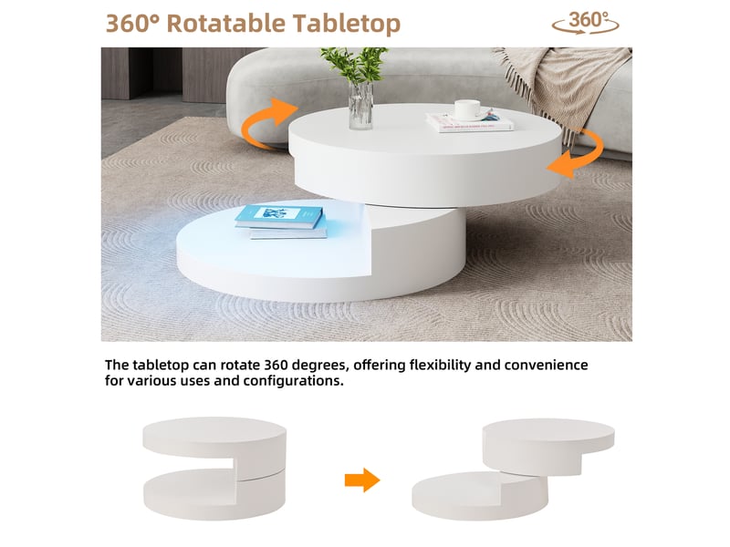  Table basse ronde à plateau pivotant 360 avec led et 2 niveaux de rangement pour salon, 70 × 70 × 35,5 cm  - Conforama E
