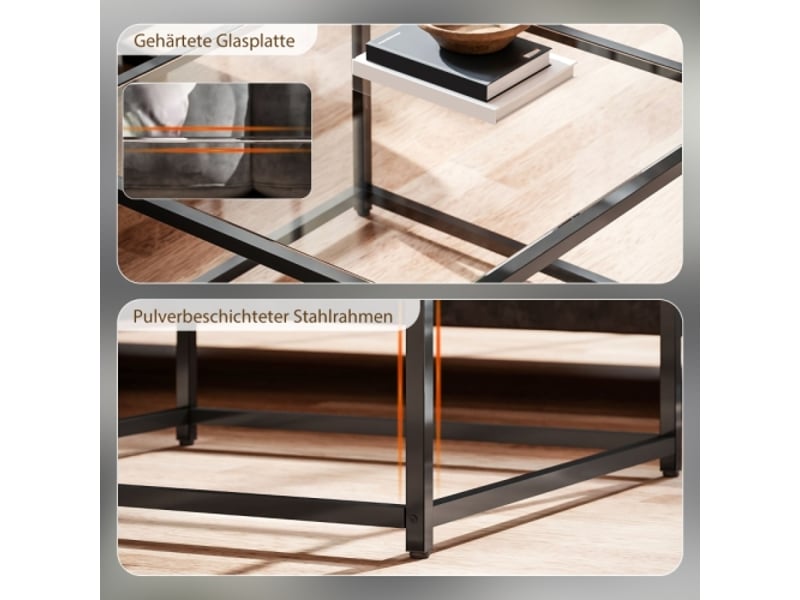 Table basse carrée noire en verre trempé et acier 68x68x39 cm, style moderne pour salon - Conforama E