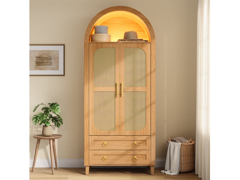  Armoire 76x50x184 cm à 2 portes et 2 tiroirs avec éclairage led, coloris naturel  - Conforama C