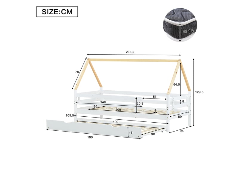  Lit cabane enfant avec lit gigogne coulissant, toit en bois naturel, 90x200 &amp; 90x190cm, blanc  - Conforama B