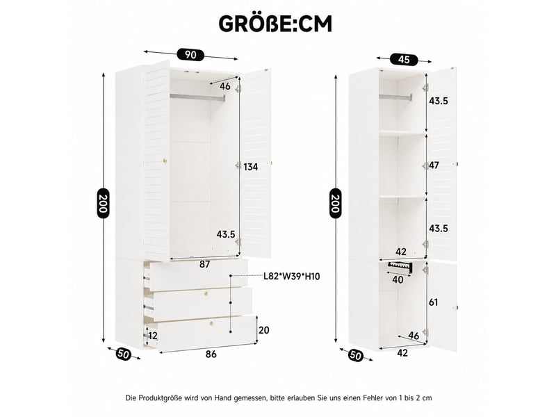 Armoire de chambre 135 x 50 x 200 cm, avec 3 portes à persiennes, 3 tiroirs et 2 tringles, armoire haute, blanc - Conforama C