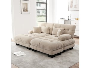 Canapé d’angle modulable 2 places en chenille café clair avec 2 ottomans