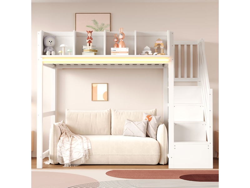  Lit mezzanine 90 x 200 cm éclairage led lit simple structure multifonctionnelle barrière de sécurité étagère de rangement échelle d'accès espace de rangement sous le lit blanc  - Conforama B