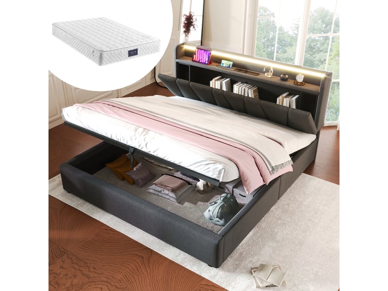  Lit coffre double,160x200 cm,avec led et usb,lin,gris  - Conforama B
