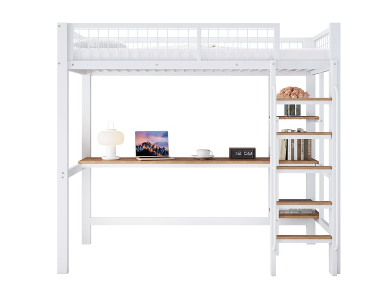  Lit superposé enfant 90x200 cm bureau garde-corps échelle 5 marches,  métal et bois blanc naturel sans matelas  - Conforama A