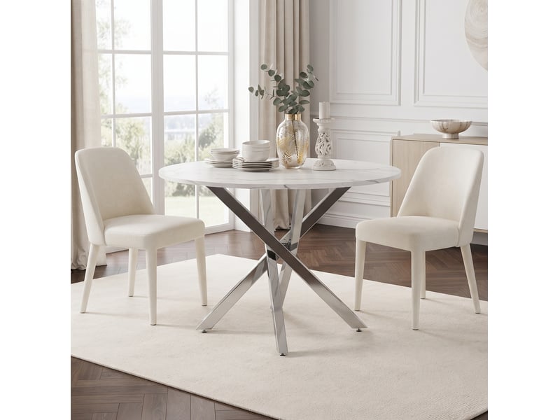  Table à manger ronde – plateau effet marbre – mdf et métal chromé argenté – ø 80 x h 75 cm  - Conforama C