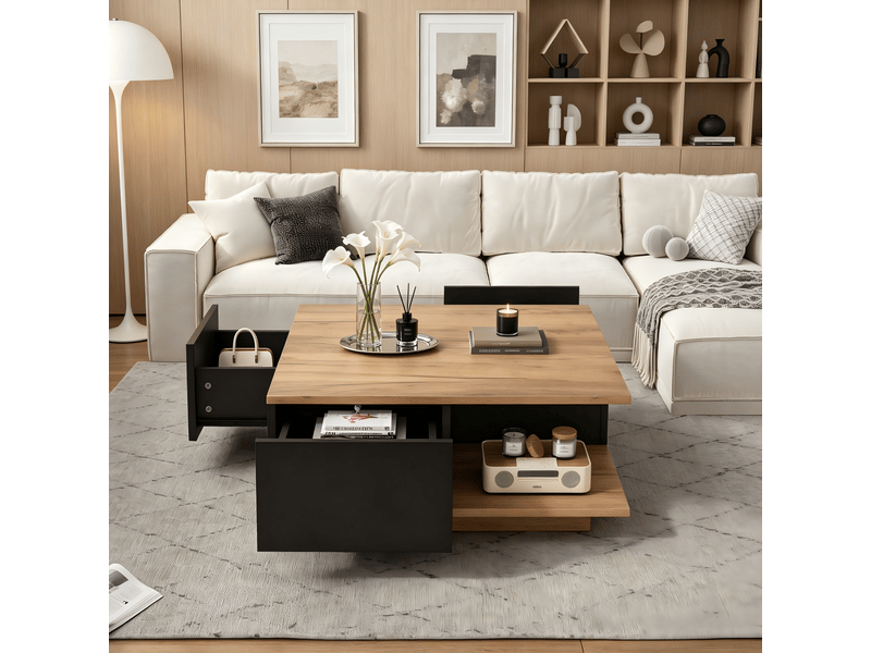 Table basse carrée 70x70 noir et bois, table de salon avec 3 tiroirs et rangement semi-ouvert, finition brillante - Conforama B
