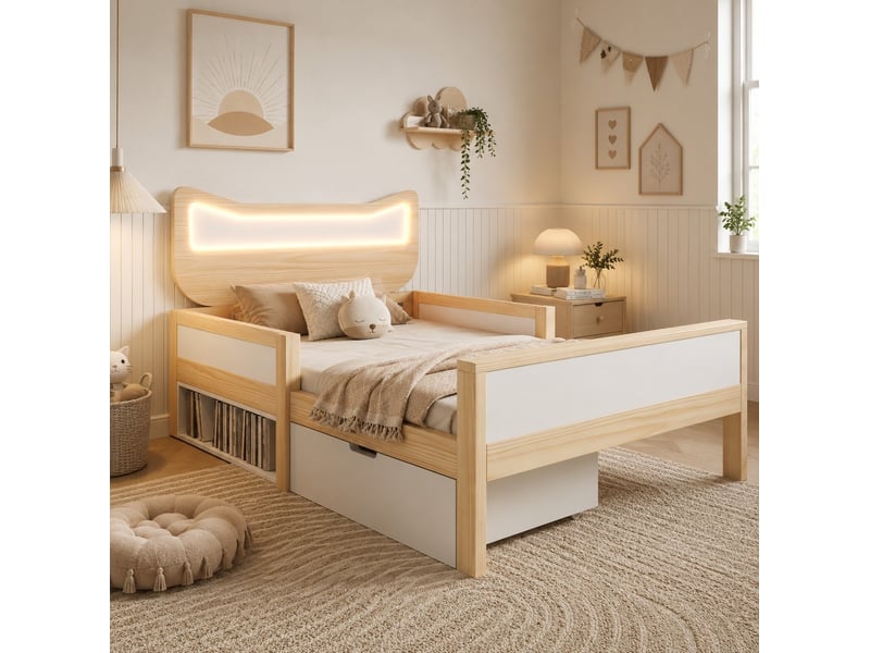 Lit enfant 90 x 190 cm avec tête de lit chat, led rgb, tiroir blanc et chêne - Conforama D