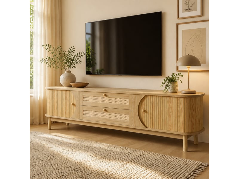  Meuble tv modenvie avec portes coulissantes et 2 tiroirs en rotin 170 x 39,5 x 46 cm naturel  - Conforama E