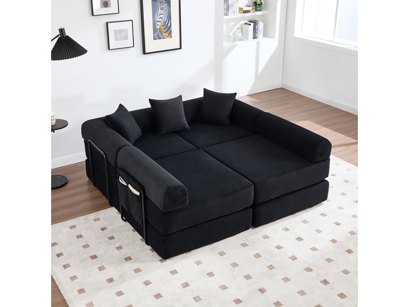 Canapé modulable noir velours côtelé avec rangement - canapé familial 270cm convertible lit d'appoint - Conforama D