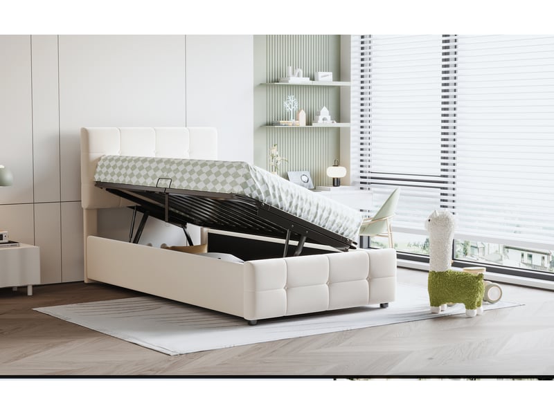  Lit coffre enfant 90x200 cm à relevage hydraulique, velours beige et tête réglable  - Conforama W