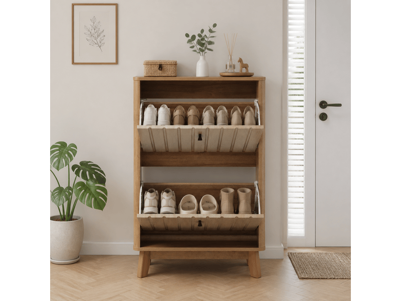  Meuble à chaussures 60x24x94 cm, capacité 16 paires, structure compacte avec portes doubles et tiroir caché, idéal pour petits espaces d'entrée et couloir  - Conforama W